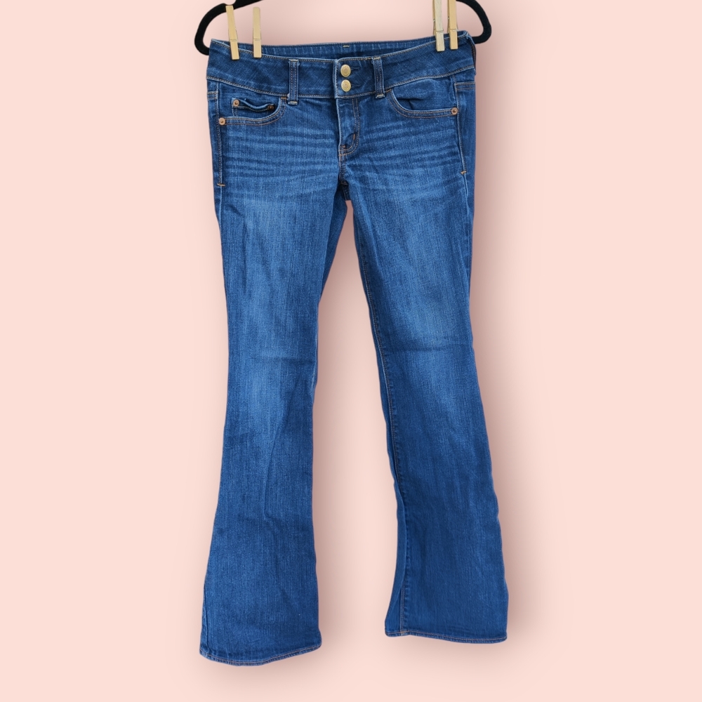 American Eagle Size 4 Regular Artist Stretch Jeans Blue Denim Flare Low Rise